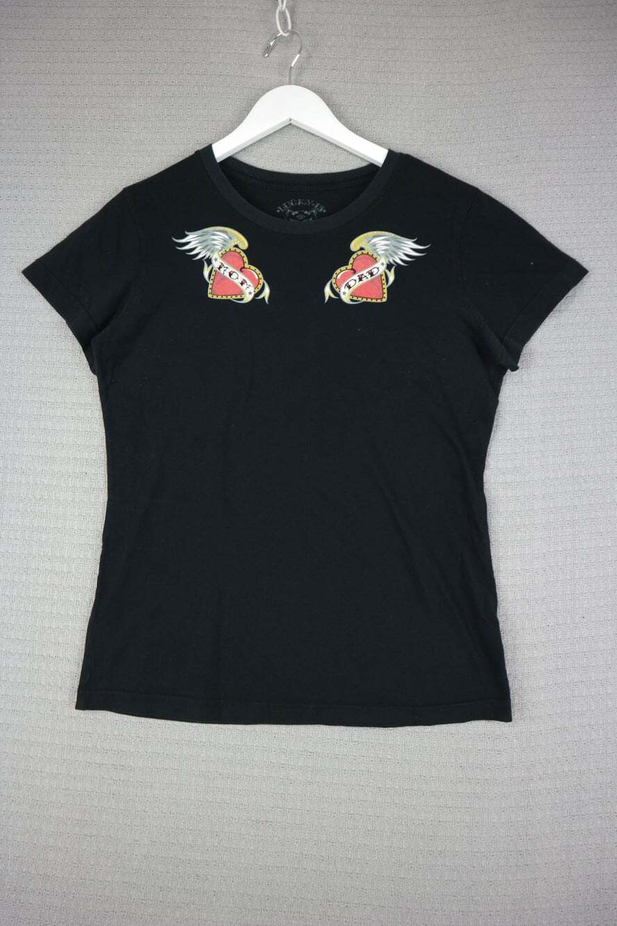 Lucky 13 Women's T-Shirt Black Short Sleeve Mom Dad Winged Heart Graphic Tee Siz